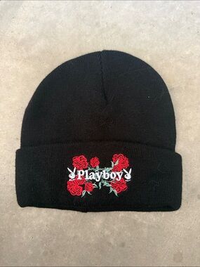 PLAYBOY Black Beanie with Red Rose Embroidery